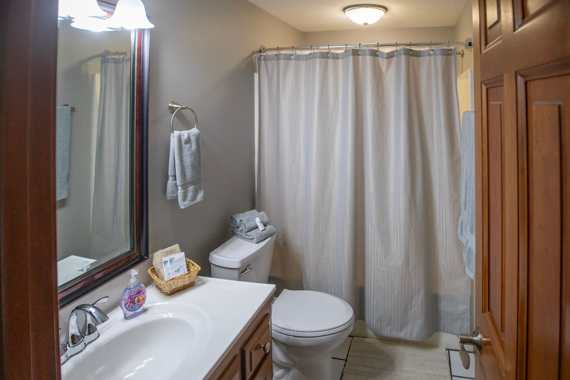 Bathroom with a white toilet, shower curtain, and sink, and a brown door and trim.