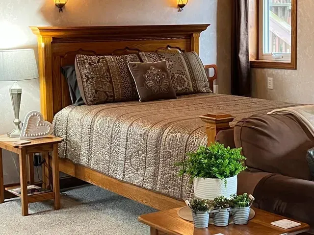 Bedroom with a wooden bed, brown bedding, and decorative pillows. Table with lamp and plant.
