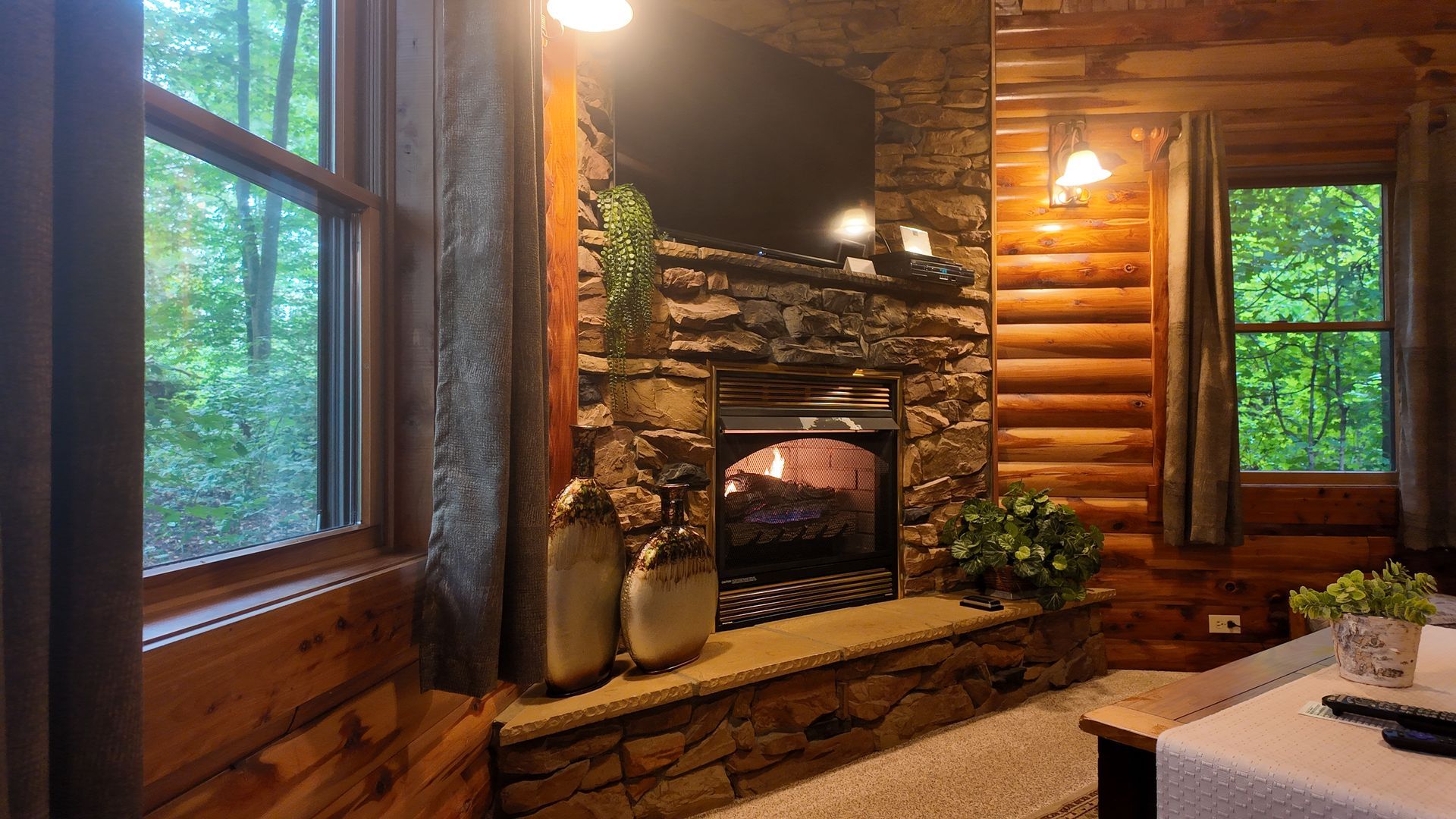 Cozy cabin interior with stone fireplace, TV, and windows overlooking greenery.