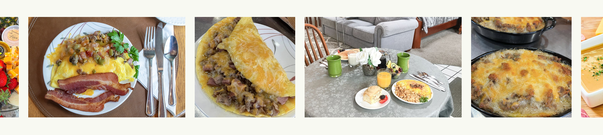 Several plates of food, including eggs, bacon, and tacos.