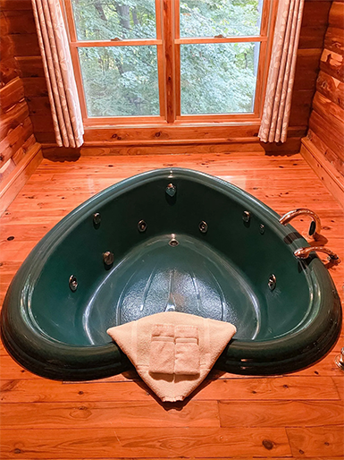 Green heart-shaped hot tub in a wood-paneled room, with a window overlooking trees. A towel is folded on the tub's edge.