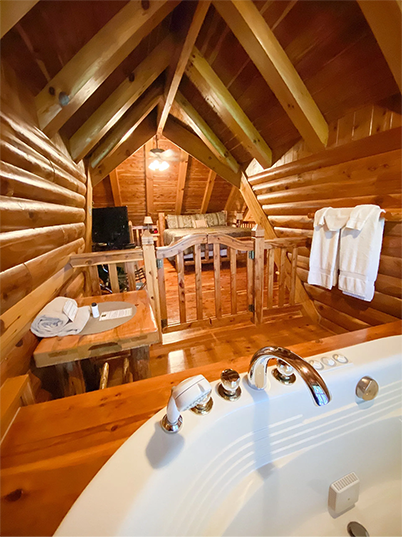 Interior of log cabin loft with a jacuzzi, bed, and TV.