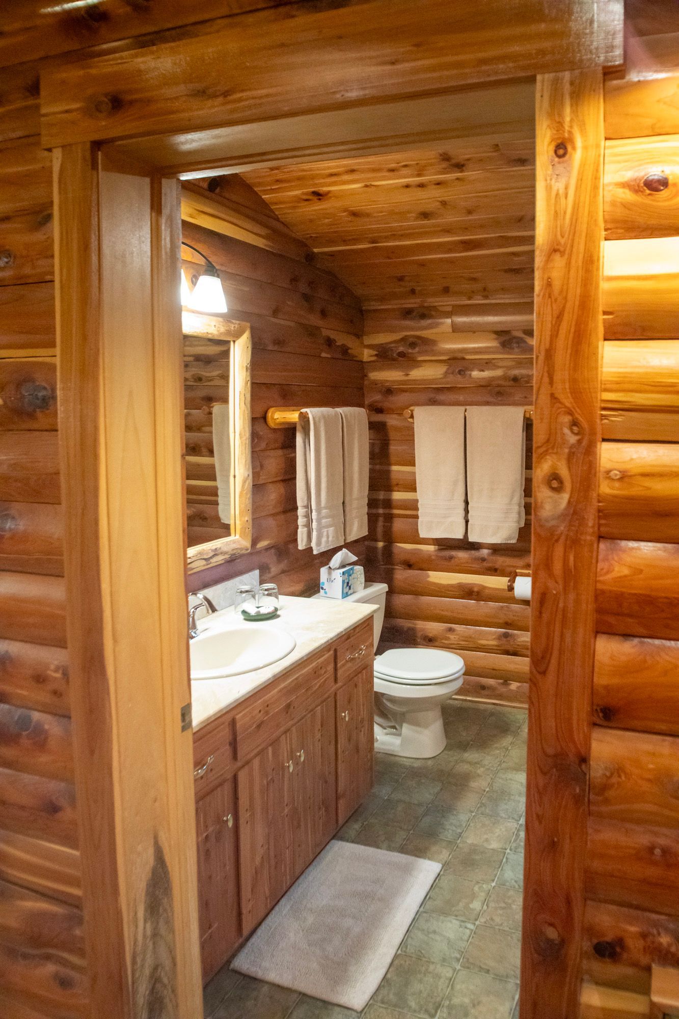 Bathroom in a log cabin; wooden walls and trim, vanity, toilet, towels, and a bath mat.