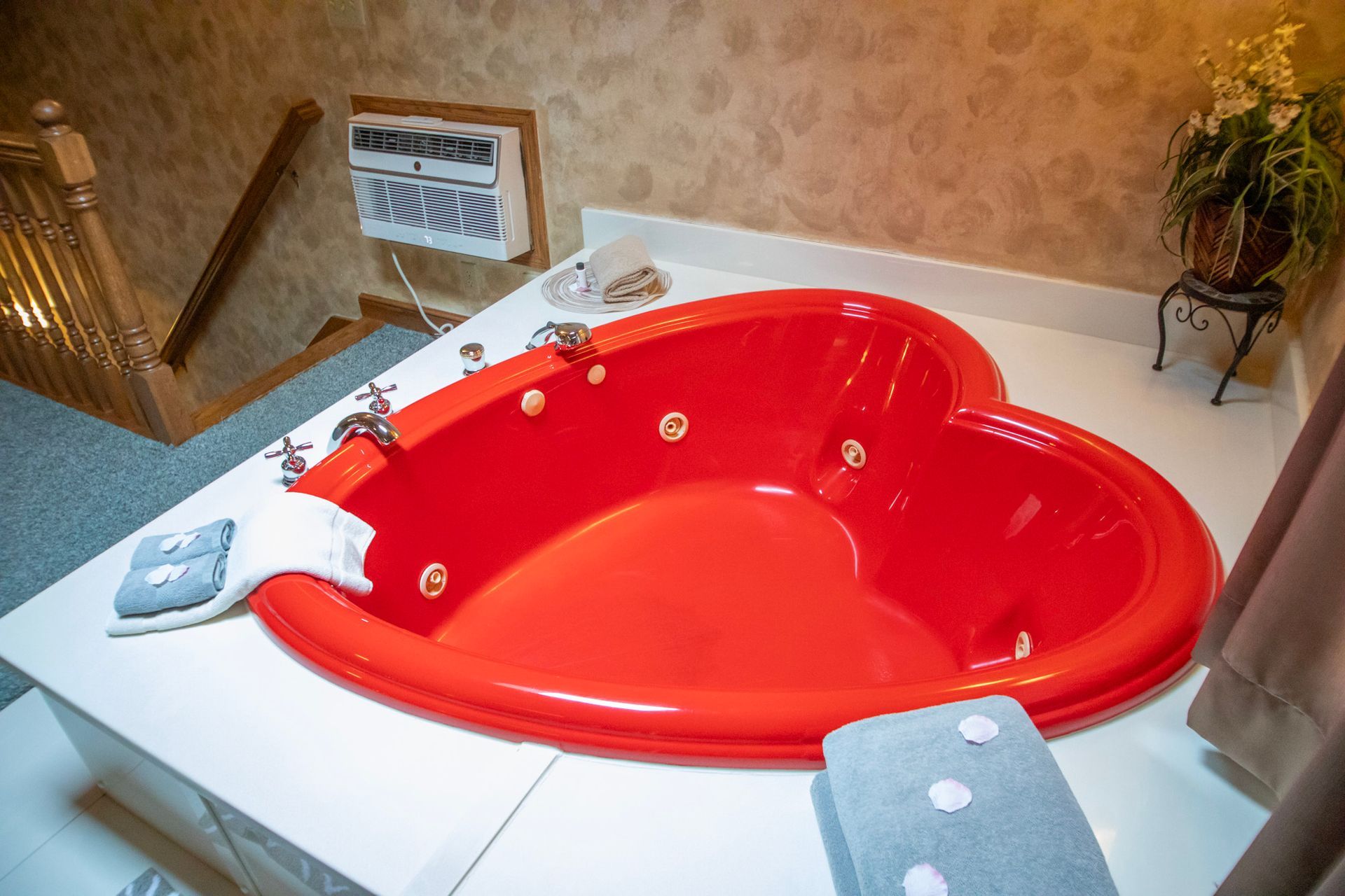 Heart-shaped red jacuzzi in a room with a small staircase and decorative plants.