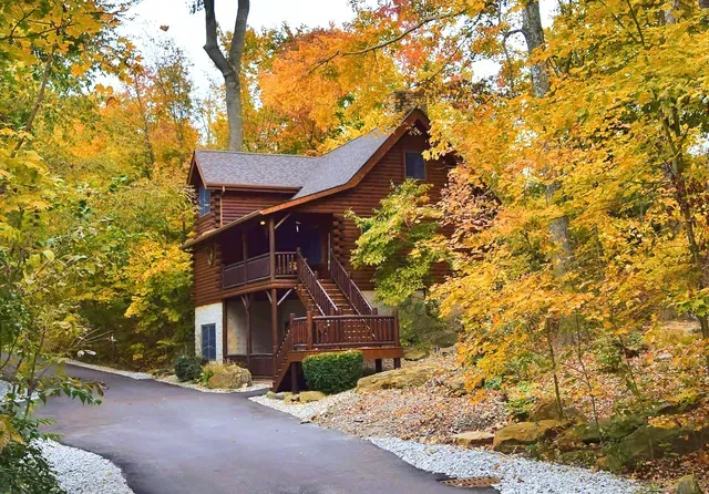Log cabin nestled in autumnal trees with a winding driveway.