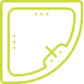 Green outline of a corner shower with a curved side and a drain symbol.