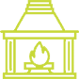 Yellow fireplace with fire burning inside.