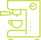 Green line drawing of an espresso machine with a cup beneath the spout.