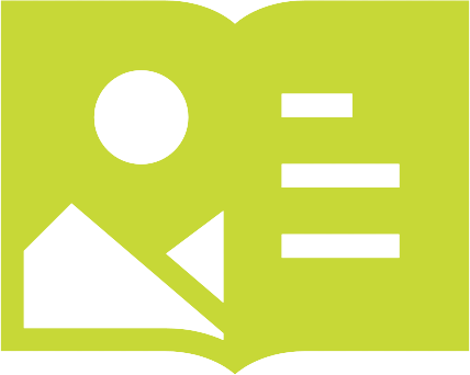 Open book with a picture, a sun-like circle, and three lines of text, all in green.