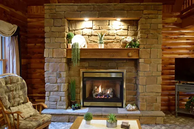 Stone fireplace with a fire, flanked by wood paneling; decorative plants on the mantel.