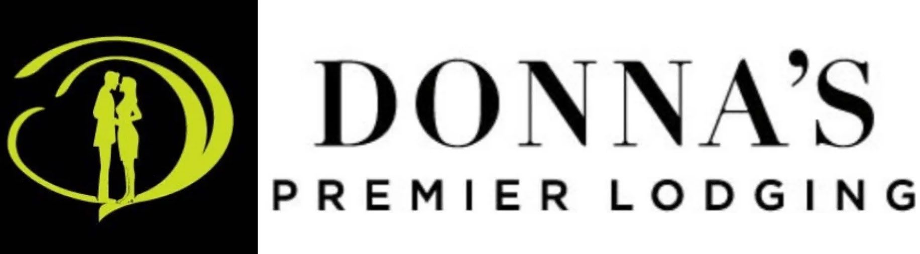Logo for Donna's Premier Lodging: silhouettes of two people in a curved design with text to the right.