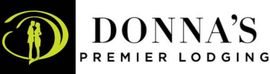 Logo for Donna's Premier Lodging with figures embracing inside a green-edged shape; black text.