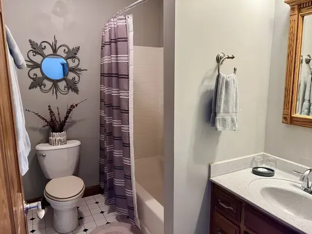 Bathroom with a toilet, shower, vanity, and mirror; muted colors, decorative accents.