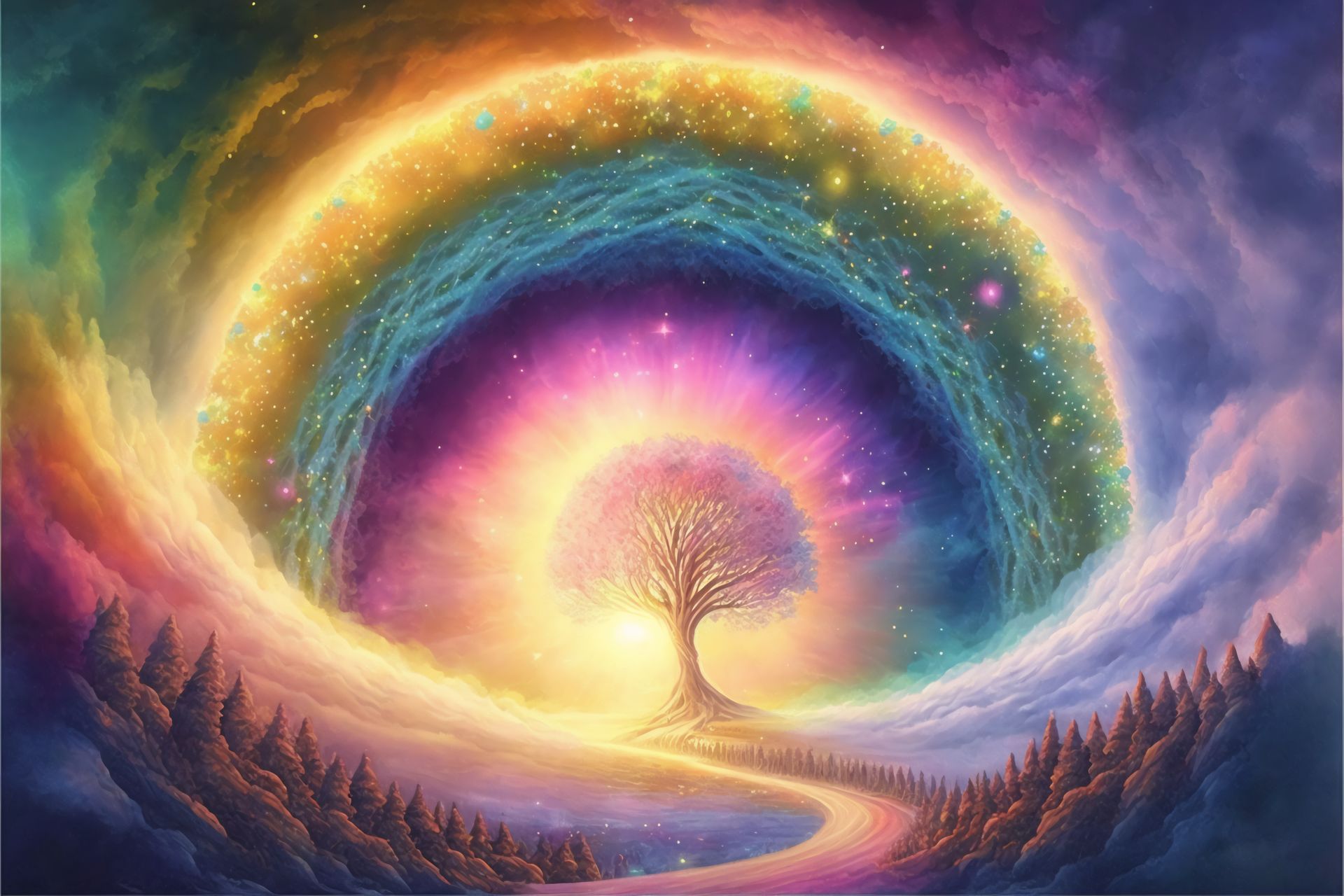 A painting of a tree in the middle of a rainbow surrounded by trees.