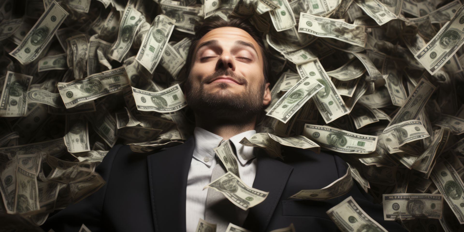 A man in a suit and tie is laying on top of a pile of money.