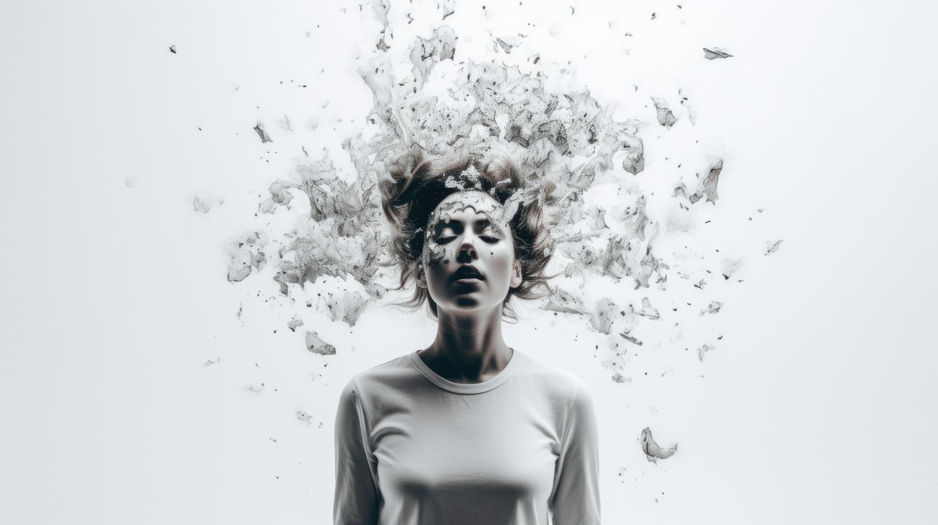 A black and white photo of a woman with smoke coming out of her head.
