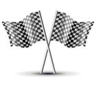 Two crossed checkered flags are waving in the wind on a white background.