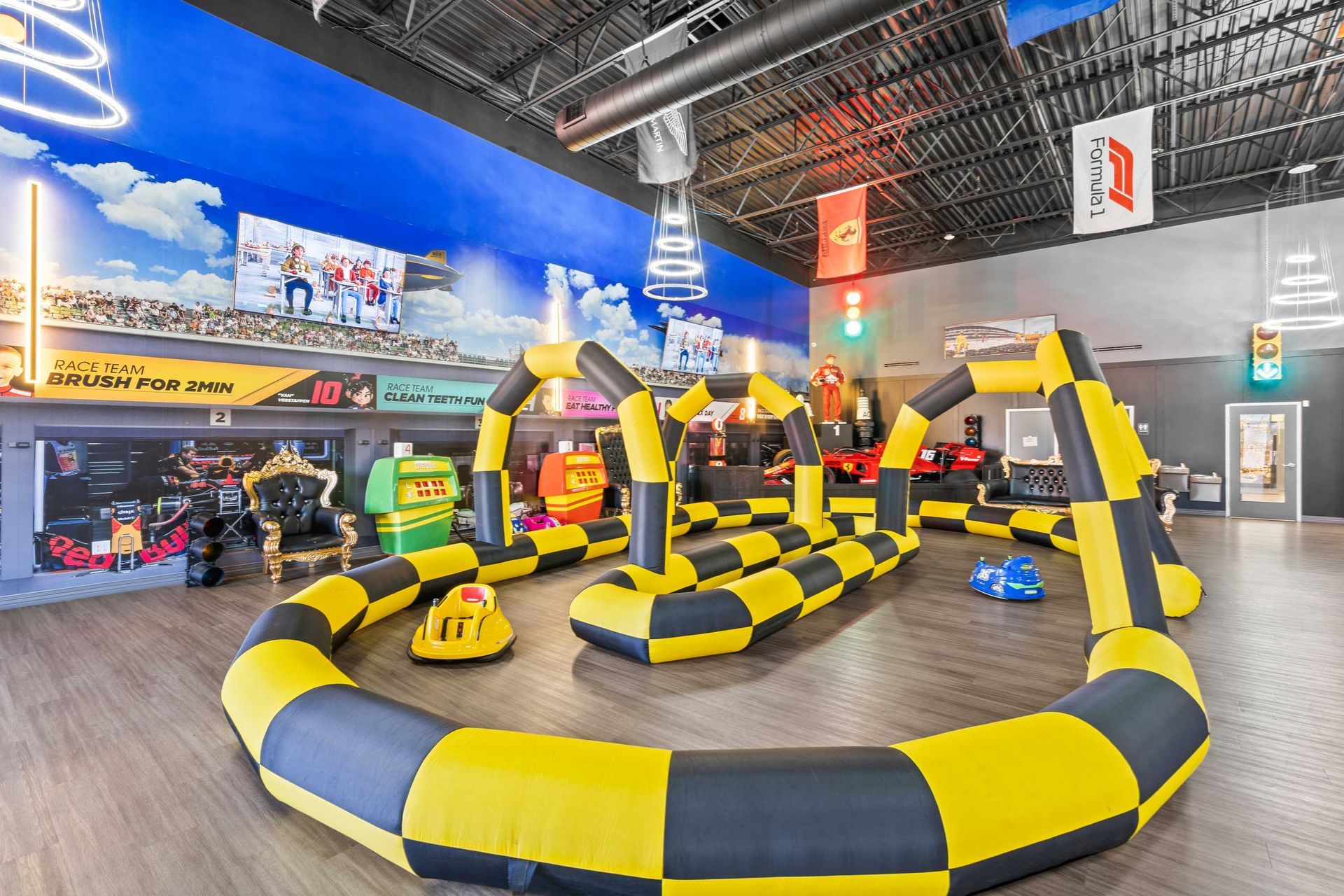 Grand Prix Dental in Katy, TX There is a large inflatable race track in the middle of the room.
