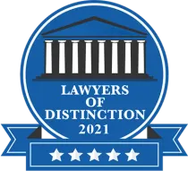 Blue Lawyers of Distinction 2021 badge with courthouse icon, ribbon, and five stars.