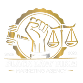 Gold logo: raised fist, scales, gavel, text 