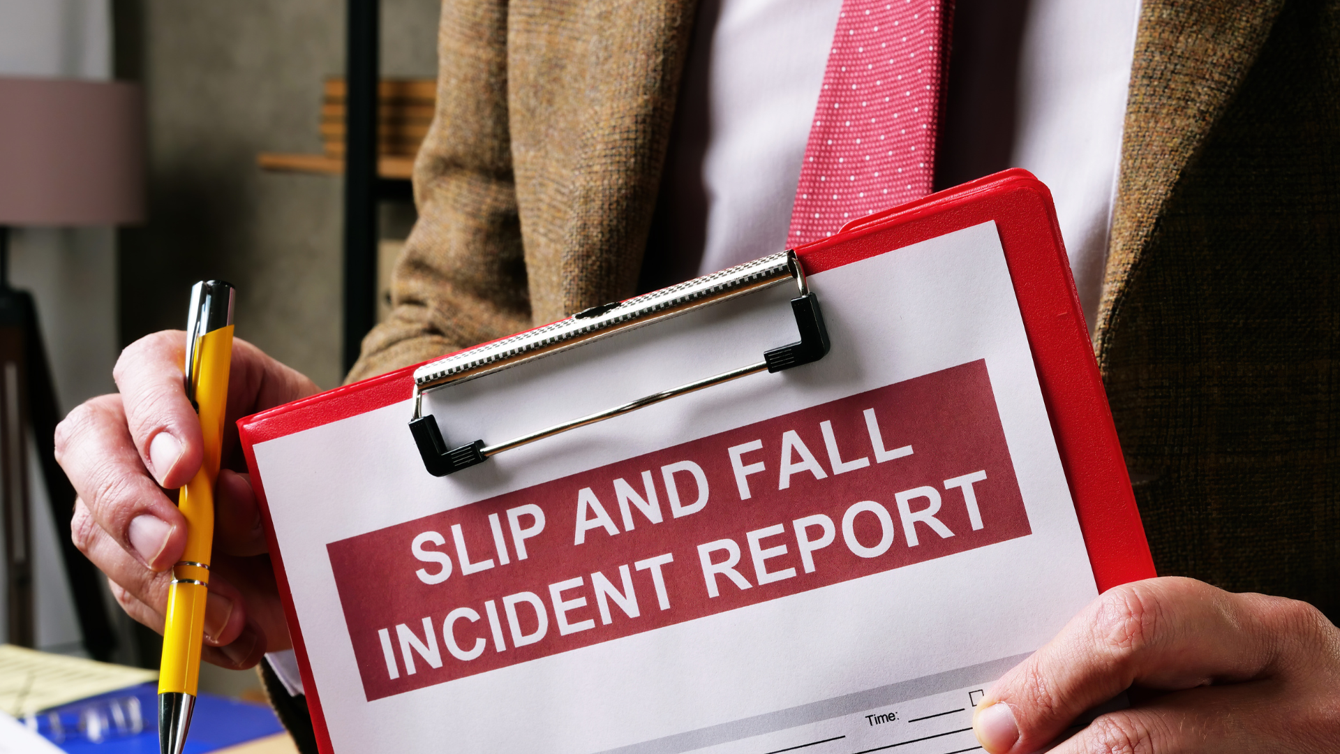 Person holding a red clipboard with 