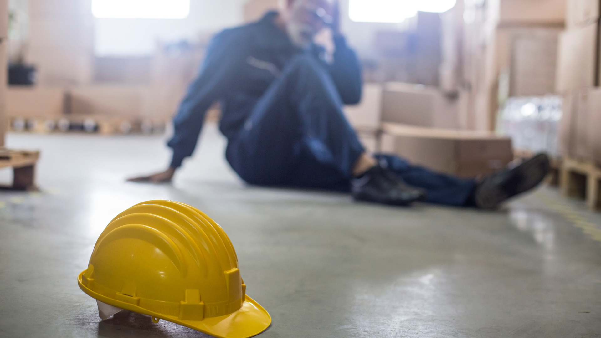 Yellow hard hat in foreground; injured worker sits on floor in warehouse, talking on phone.