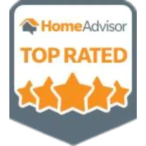 A badge that says `` home advisor top rated '' with five stars.