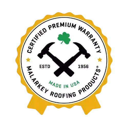 Malarkey Certified Premium Warranty badge, indicating 25-year workmanship warranty coverage for roofing installations