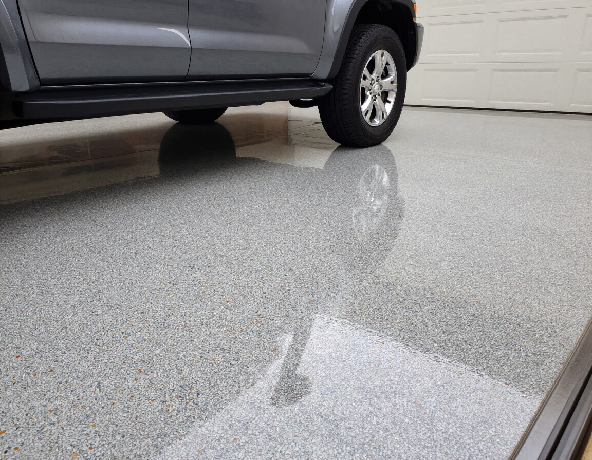 Finished garage floor with parked vehicle