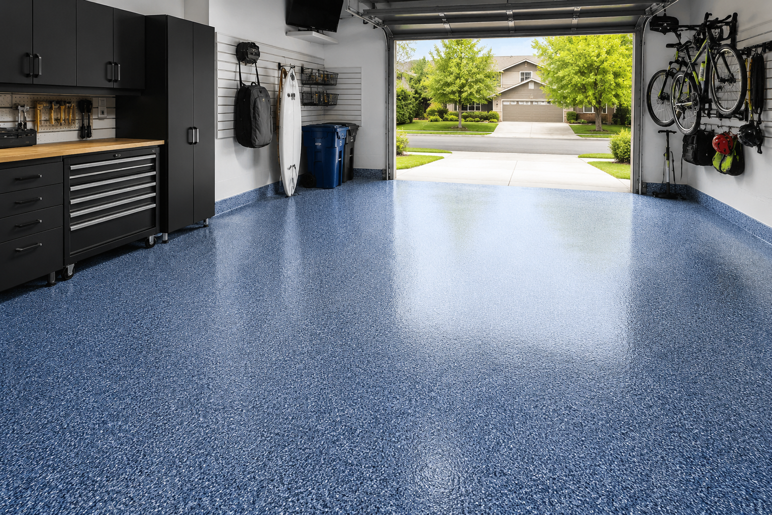 Finished garage floor with parked vehicle