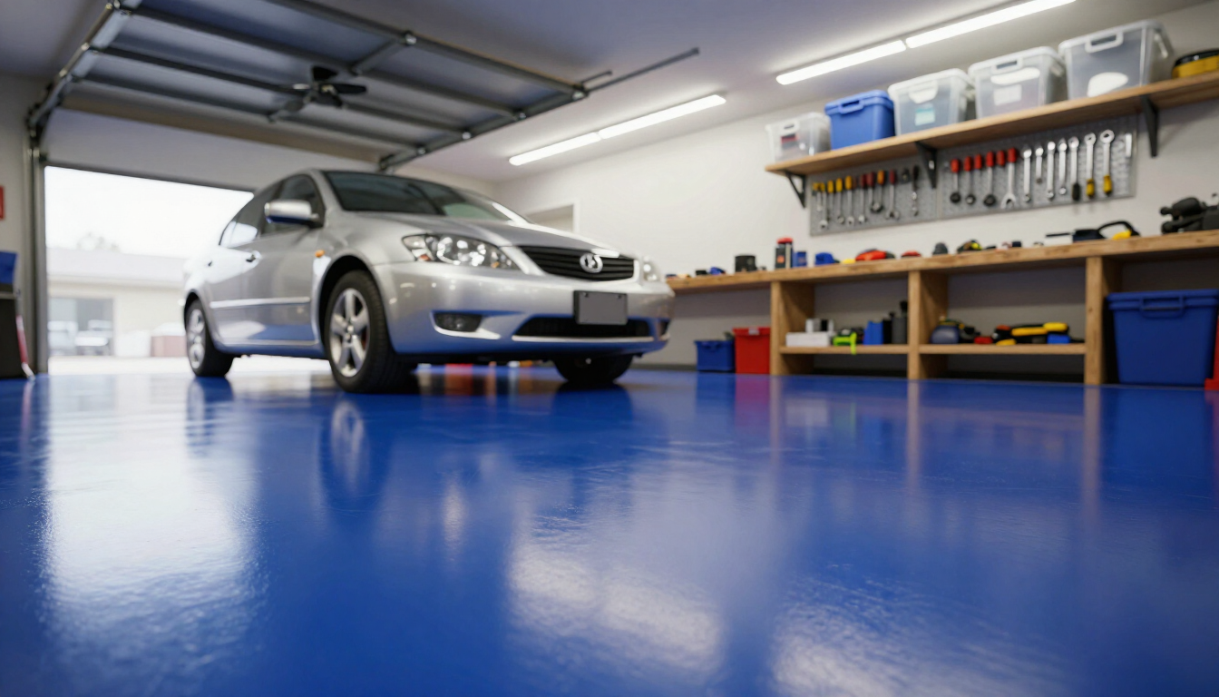 Glossy blue epoxy garage floor in a Boise home with a silver sedan parked inside and organized tool 