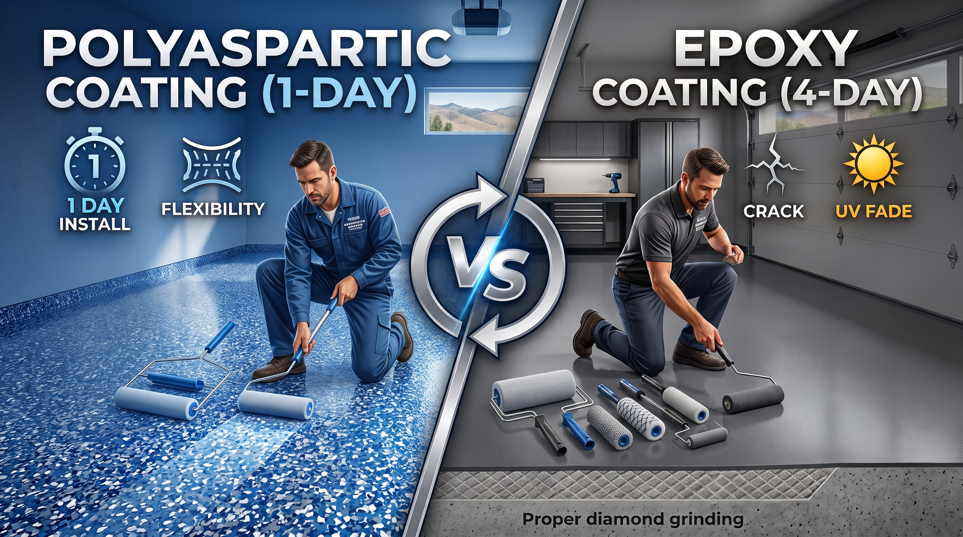 Split-screen comparison of a high-gloss 1-day polyaspartic garage floor coating versus a traditional