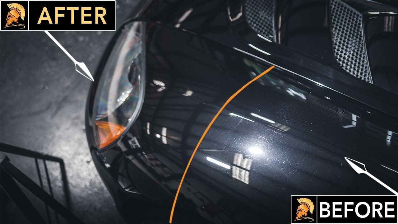 A picture of a car before and after being polished
