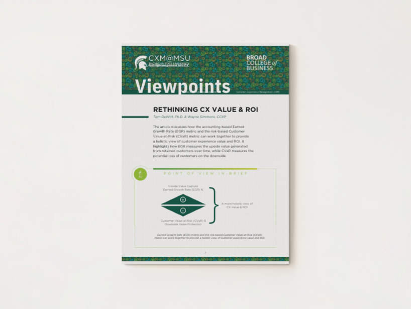 Green and white report cover titled “Viewpoints” about aligning CX value and ROI