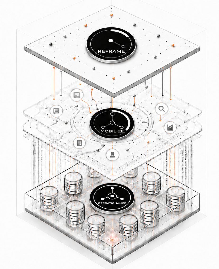 Three-tiered gray isometric tech diagram with black circular icons and small orange data points