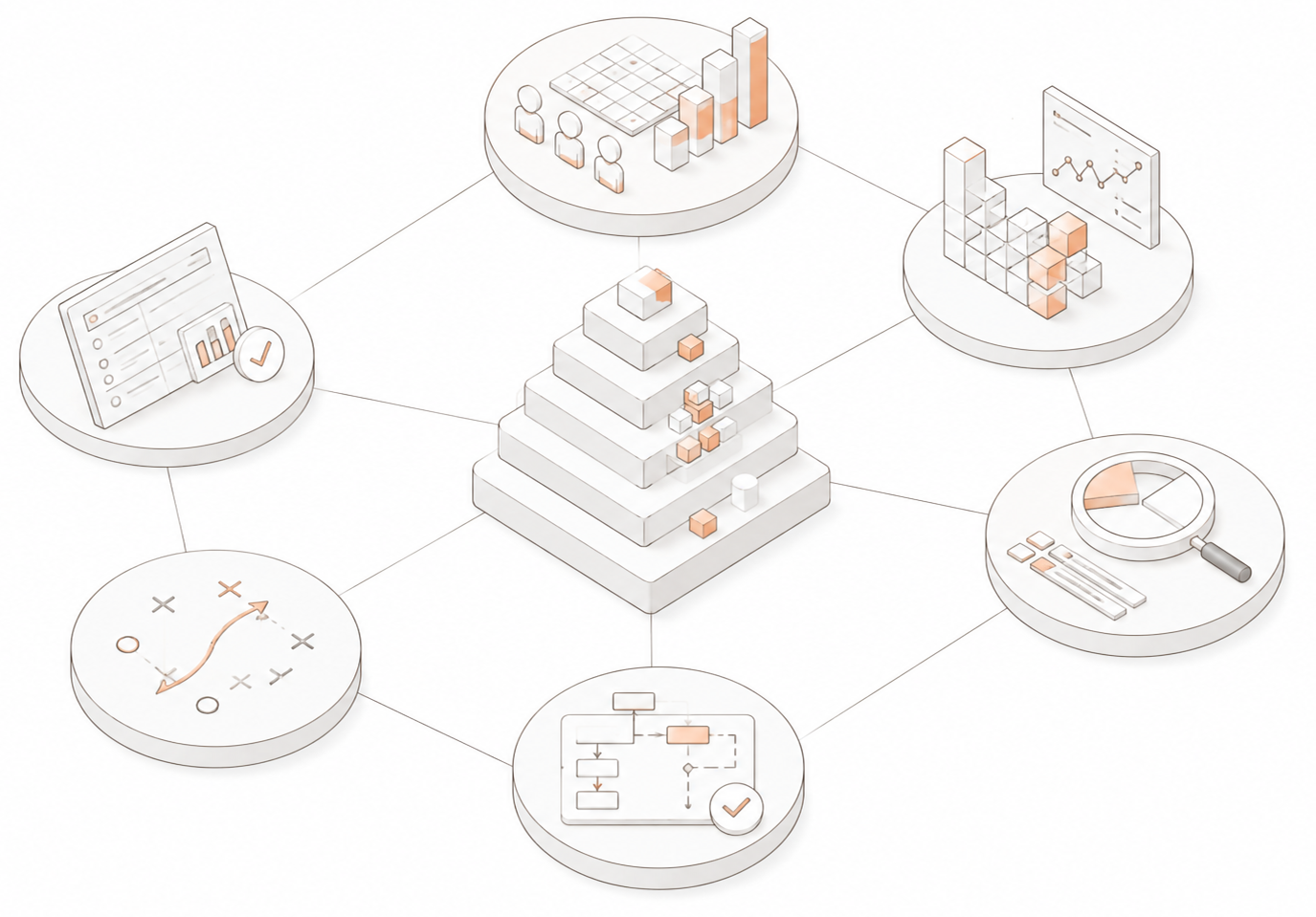 Isometric analytics dashboard with charts, graphs, documents, and a central pyramid of data blocks