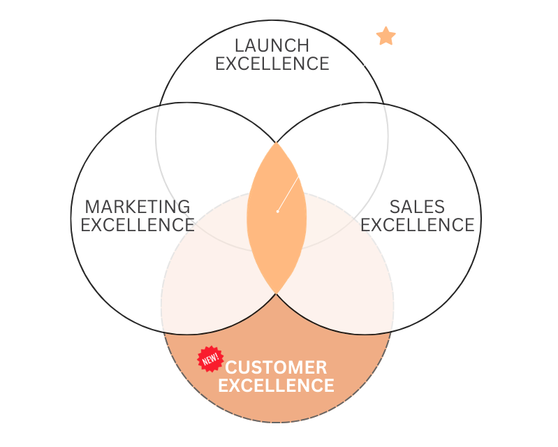 Four-circle Venn diagram labeled launch, marketing, sales, and customer excellence, with customer highlighted in orange.