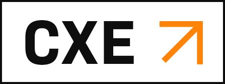 CXE logo in black with an orange upward-right arrow