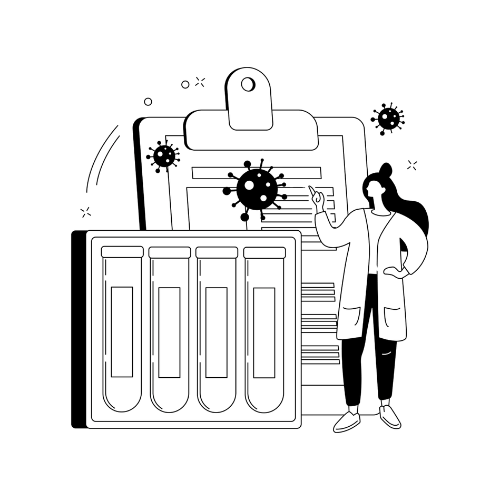 Clipboard with test tubes and gears beside a lab worker in a white coat
