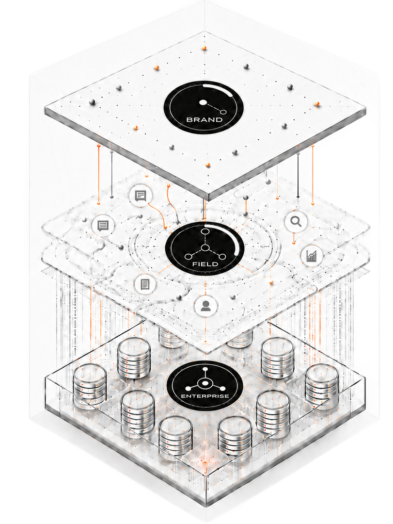 Exploded-view 3D illustration of a layered platform with central black circular hubs and component icons around it