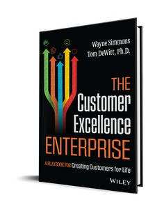 Book cover for “The Customer Excellence Enterprise” by Wayne Simmons and Tom Devlin, with colorful upward arrows on black background