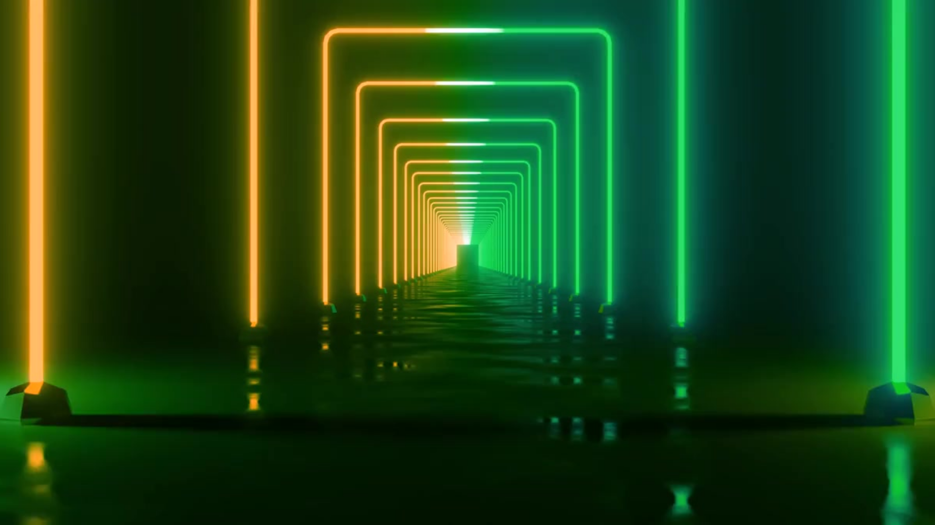 Neon-lit tunnel of repeating green and yellow rectangular frames receding into the distance