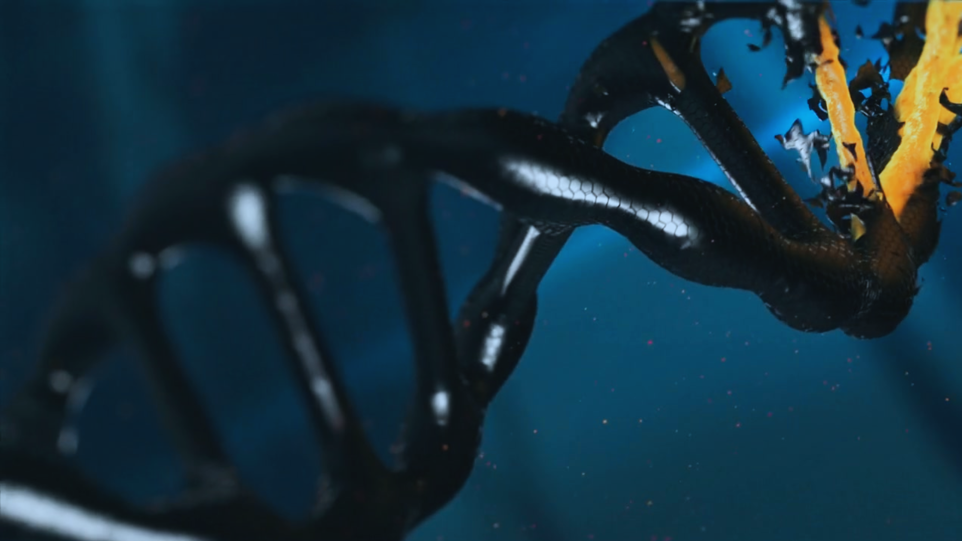 Close-up of a blue DNA helix with glowing orange accents on a dark background
