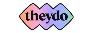 Logo reading “theydo” in black on a pastel pink-to-purple gradient diamond shape.