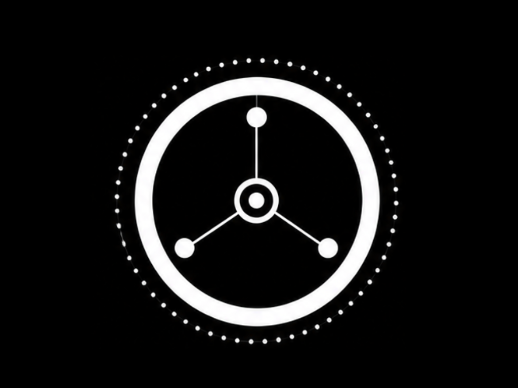 White circular network logo with three connected nodes on a black background