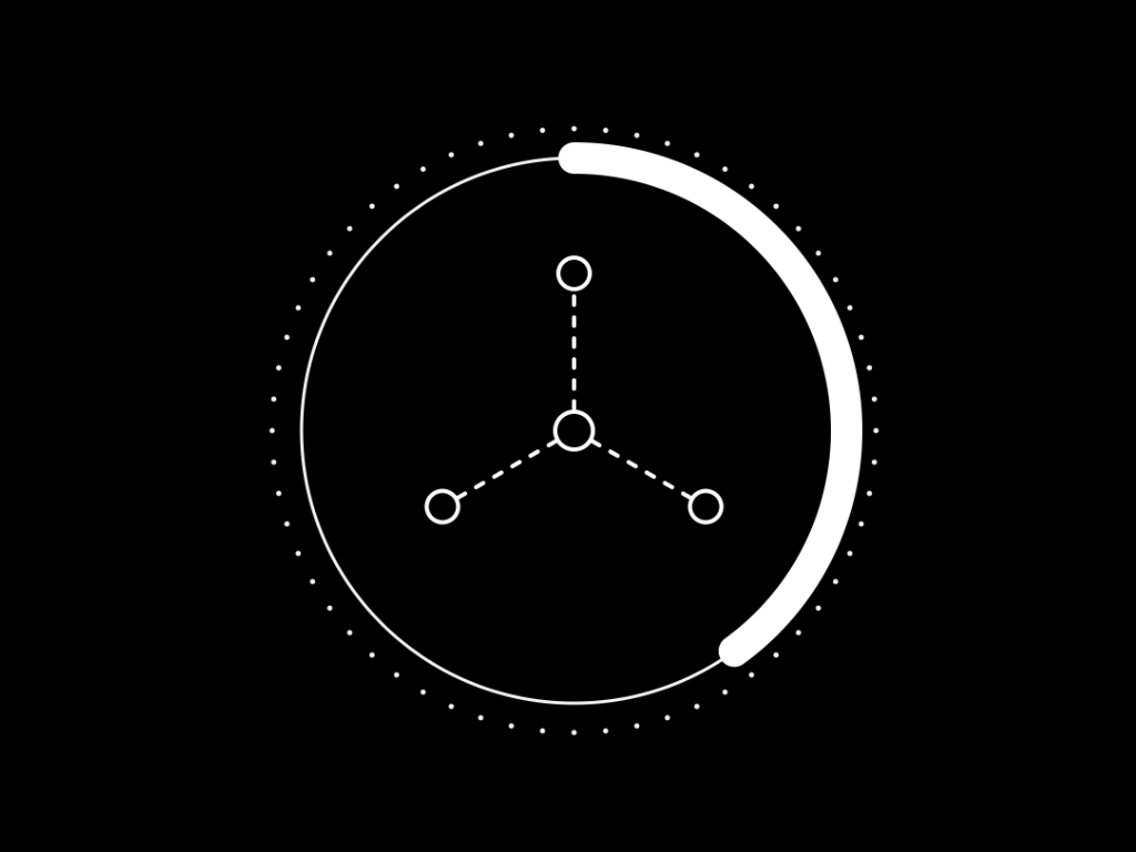 Minimal white clock-like icon with three dotted spokes inside a circular dotted border on black background