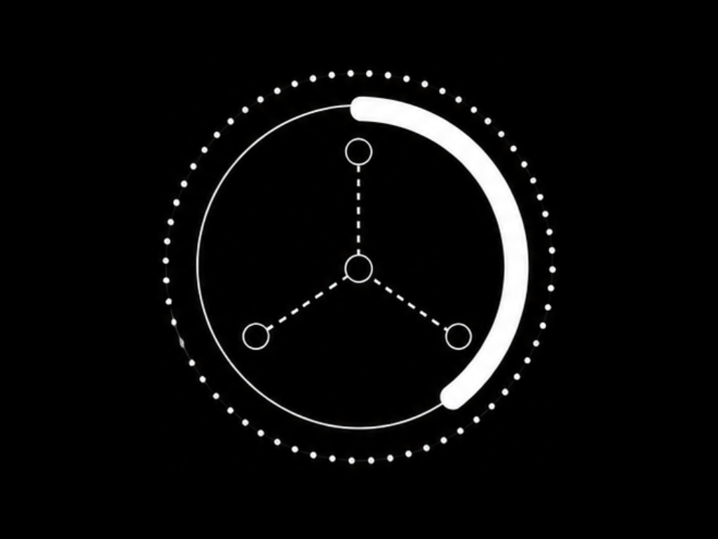 Minimalist circular clock-like graphic with white dotted ring and connected nodes on a black background