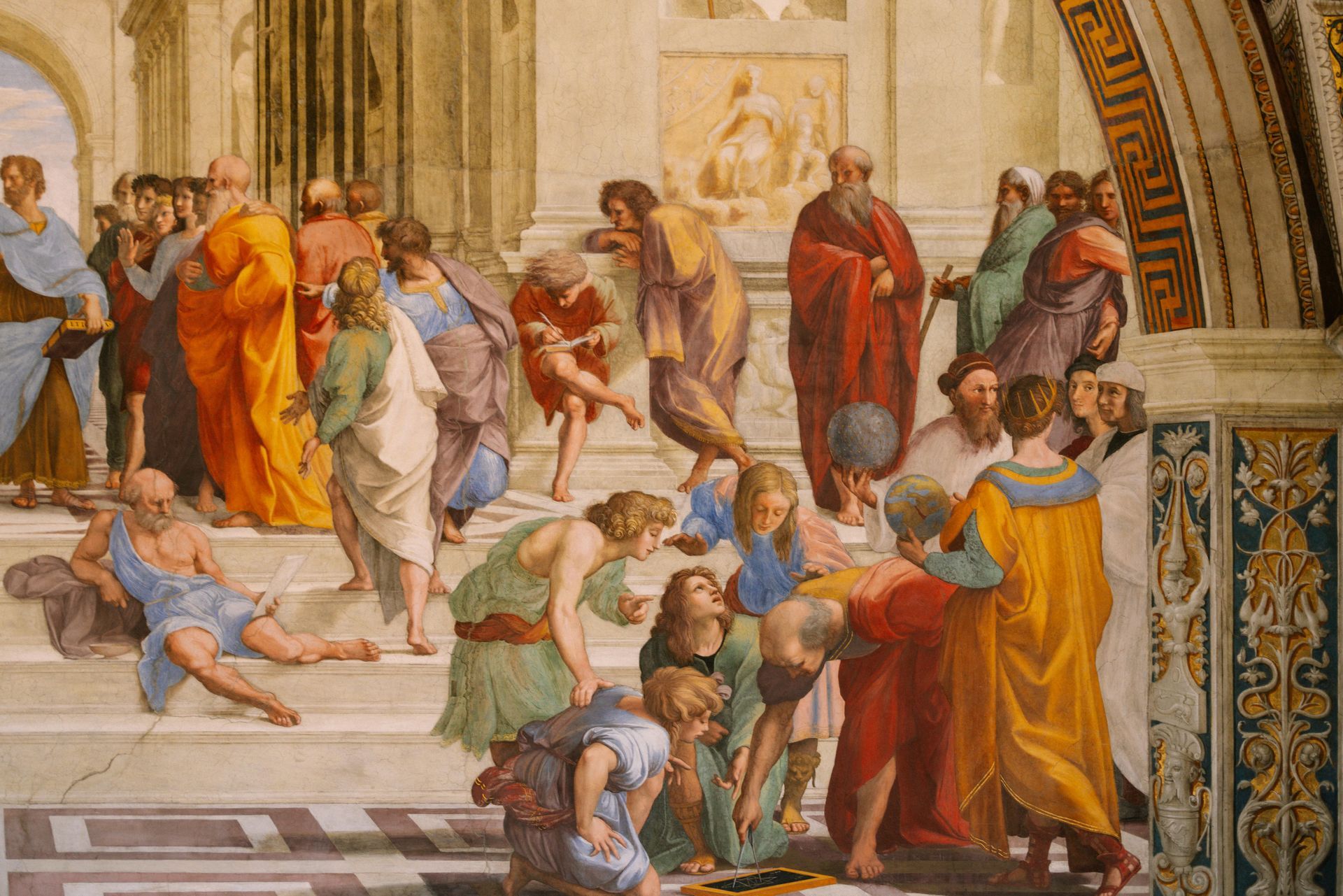 Scholars gathered in a classical setting; colorful robes, engaged in discussion, gesturing, some reclining.