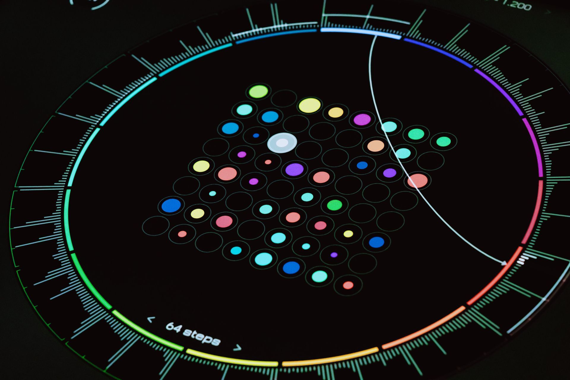 Colorful constellation-style dots arranged inside a circular neon interface on a black background