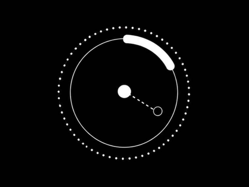 Minimalist circular gauge with dotted outer ring, white progress arc, and a central knob on black background